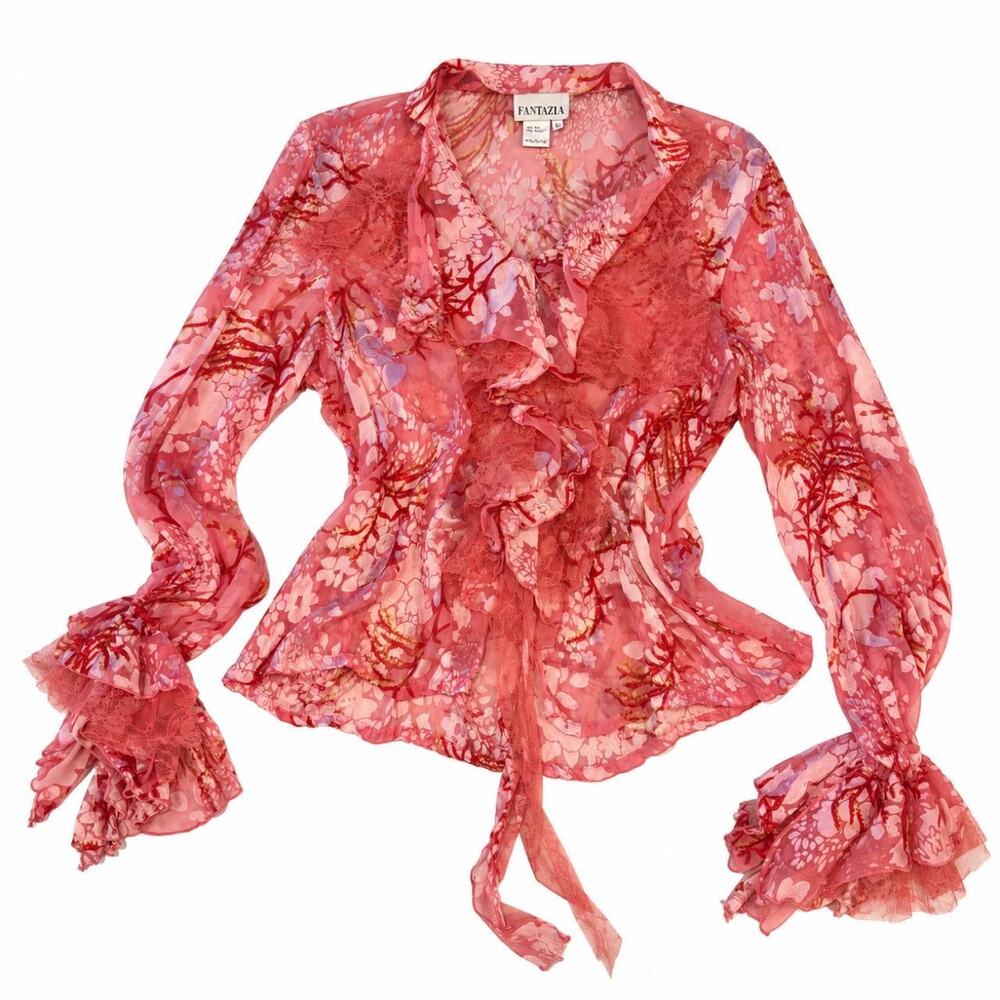 Vintage Pink Floral Silk Ruffle Blouse